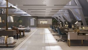 Modern ingericht kantoor met open werkplekken, designmeubilair en veel natuurlijk licht aan de Nieuwezijds Voorburgwal.